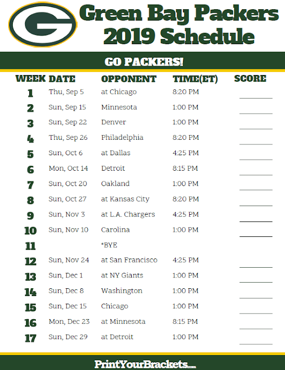Free: Printable Green Bay Packers Schedule - 2019 Season | Printable ...