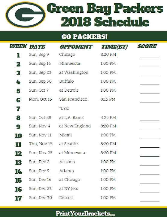 Free: Printable 2018 Green Bay Packers Football Schedule | Printable ...